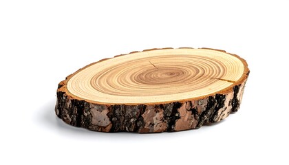 Natural Wood Slice with Visible Tree Rings and Bark on White Background.