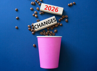 2026 Changes symbol. Concept words 2026 Changes on beautiful wooden picture frame. Beautiful deep blue background with coffee cup and coffee beans. Business and 2026 Changes concept. Copy space.