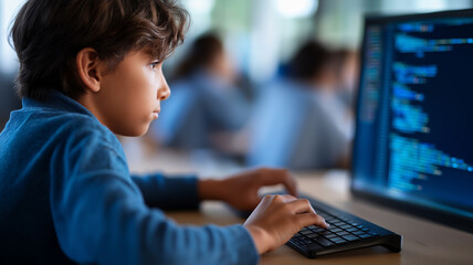 Young learner focuses on coding at a computer, immersed in the world of technology and learning Generative AI