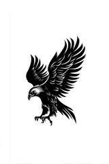 Black eagle logo illustration on white background. Profile of a bird of prey. Emblem, icon for company or sport team branding