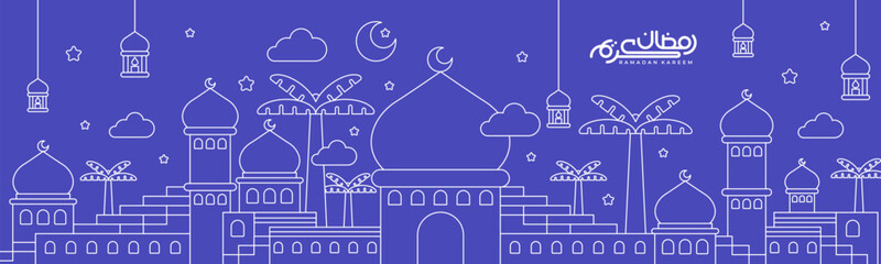 Ramadan Kareem background in elegant line art style. Modern linear Islamic greeting card template suitable for posters, wallpapers, and social media banners. © Tuba Reza