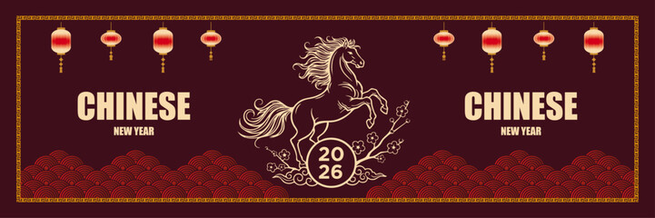 Fototapeta premium Lunar new year Vector template, for banner. red color with gold accent combination for Chinese new year fire horse. For wallpaper, greeting card, social media content, and vector template. 