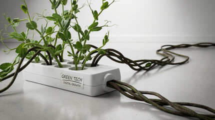 Green tech and digital growth concept with plants growing from a power strip. Sustainable technology and eco friendly energy innovation. Extension cord with green sprouts on white background