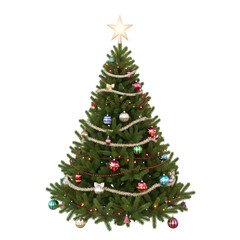 Festive Evergreen Tree with Ornaments and Star Isolated on White or Transparent Background