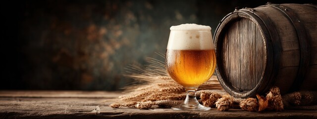 Golden Craft Beer in Glass with Wooden Barrel and Wheat on Rustic Table for Brewery Theme