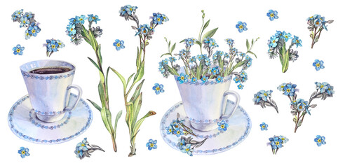 Watercolor set with bouquet flower forget-me-not in cup isolated on white background. Hand-drawn clipart for sticker or sketchbook. Romantic object for wedding celebration card. Wallpaper or wrapping