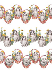 Watercolor set with seamless border bunny and yellow dandelion in basket on white background. Hand-drawn spring summer nature rim with rabbit for 8 March or Easter. Flower and animal for wallpaper
