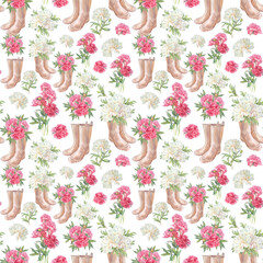 Watercolor seamless pattern with milk and pink peony in rubber boots on white background. Shoes for summer or spring rainy walk. Waterproof vase. Protection wellingtons for garden. Wallpaper wrapping