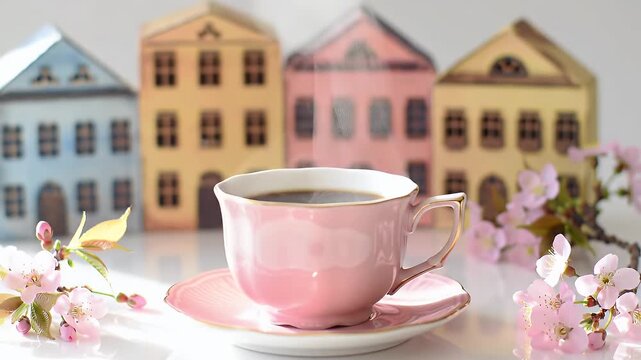 Pastel-Colored Row Houses Framing a Delicate Pink Teacup with Blossoms and Light