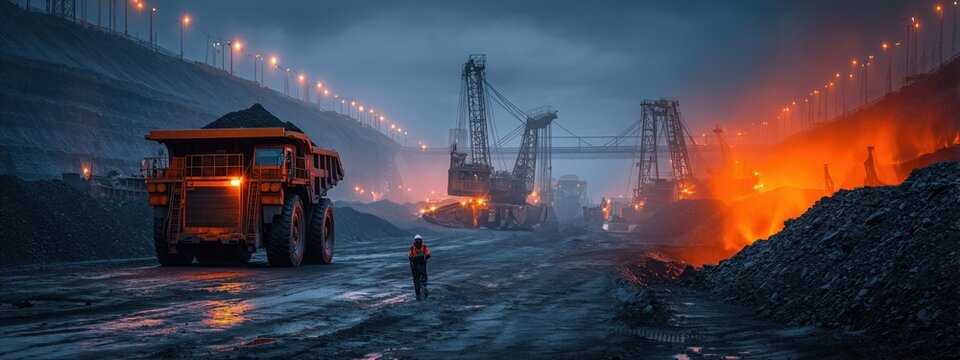 Dramatic Night Scene of Heavy Machinery in Mining Site Under Dark Sky and Glowing Lights