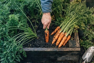 Fresh carrots harvested in vegetable garden bed, gardener hand pulling root vegetables from soil, organic farming and home gardening concept
