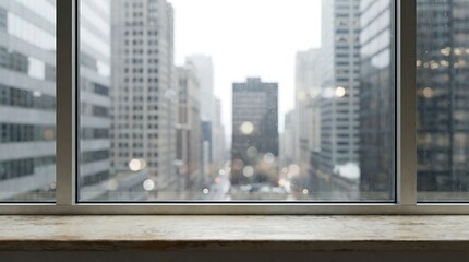 Obraz premium a blurred cityscape is visible through a window frame showcasing tall buildings and a sense of urban isolation with a windowsill in focus