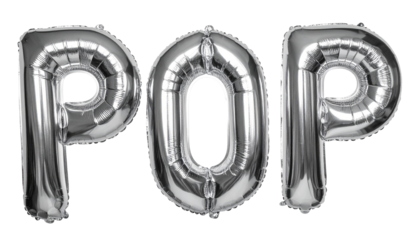 Metallic silver balloon letters spelling "POP" on a black background