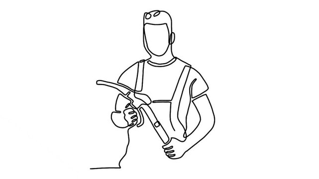 Continuous line animation of man holding refueling gun