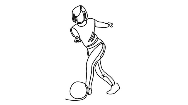 Continuous line animation of bowling player throw ball to hit bowling pins