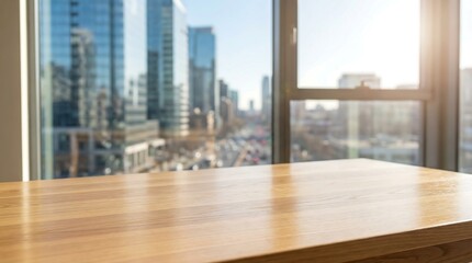 Obraz premium a sunlit modern interior scene featuring a wooden tabletop overlooking a blurred cityscape through a large window presenting a calm atmosphere high quality