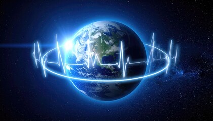 Fototapeta premium Global Pulse: The planet Earth is encircled by a digital heartbeat, representing the rhythm of the world's interconnected systems. A visual narrative of interconnectedness.