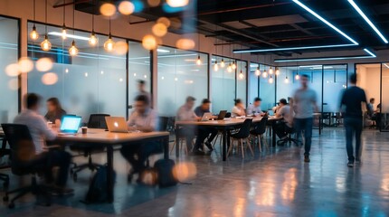 A blurred view of a modern office space with people working at desks and walking around under warm lighting features