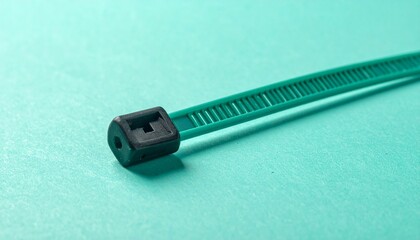 Close-up of a green cable tie on a green background.