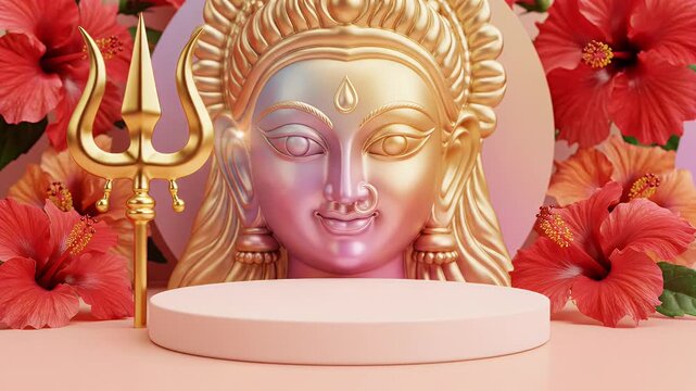 Chaitra Navratri Product Podium with Goddess Durga Trident and Hibiscus Festival Background