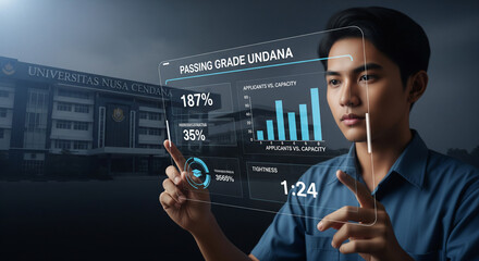 Young student interacts with a transparent holographic screen, analyzing educational data and academic progress, embodying the future vision of smart learning and innovative technology