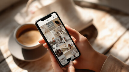 A hand holds a smartphone with art, while steaming coffee adds to the peaceful vibe Generative AI