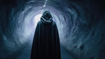Mysterious Figure in Dark Cloak Emerging from Tunnel of Light.