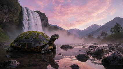 Tortoise Contemplates Waterfall Under a Vibrant Sky.