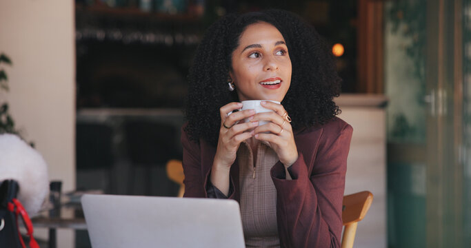 Drink, laptop and thinking with woman in cafe for hospitality blog, food review and reflection. Remote worker, online vision and restaurant critic with person in coffee shop for idea and web log