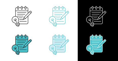 Notepad with pencil and lightbulb icon for creative writing and brainstorming in line and fill style