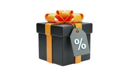 Black Gift Box with Orange Ribbon and Percentage Tag