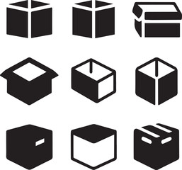 Package Box Icon Set, Box Silhouette Vector Black and White