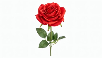 Naklejka premium Single Elegant Red Rose Made of Silk Fabric with Detailed Petals and Green Stem, Isolated on Pure White Background