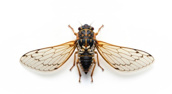 Close-up of a colorful insect with large, translucent wings