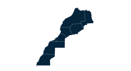 Obraz premium Dark blue political map of Morocco showcasing its regional borders, presented as a clear silhouette isolated on a plain white background.