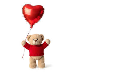 Fototapeta premium Cute teddy bear holding red heart shaped balloon