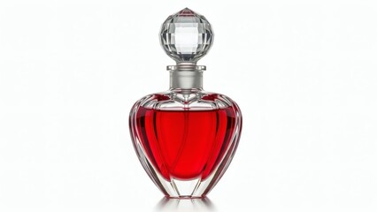 Decorative Glass Perfume Bottle Shaped Like a Heart with Transparent Red Liquid, Isolated on Pure White Background, Luxury Product Photography