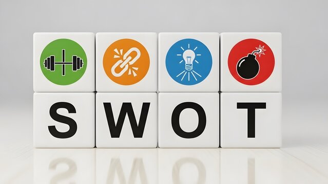 SWOT analysis concept with cubes showing strengths, weaknesses, opportunities, and threats icons for business strategy.