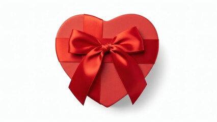 Heart-Shaped Gift Box Wrapped in Matte Red Paper with Satin Bow, Isolated on Pure White Background, Realistic Product Photography