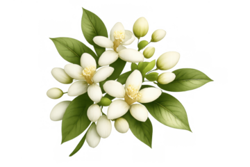 Orange blossom flowers and buds with green leaves isolated on a transparent background, citrus botanical illustration