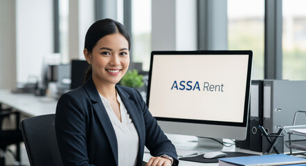Smiling young woman sitting at her desk in a modern office, with a computer screen displaying the ASSA Rent logo
