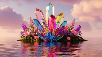 Colorful Crystal Formation on Island with Flowers and Water