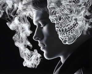 A striking monochrome image of a man with a skull formed from smoke, blending themes of life, death, and introspection.