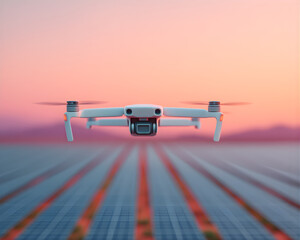 A sleek white drone hovers against a pastel sunset, capturing the horizon with its camera, showcasing modern technology in a serene landscape.