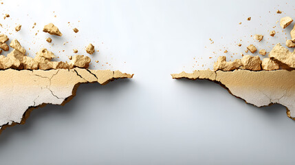 Cracked earth with a clean background, symbolizing destruction or separation, with scattered debris. It conveys a sense of disruption and potential change.