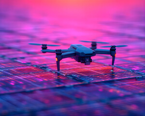 A drone hovers over a vibrant, colorful surface, capturing stunning visuals against a backdrop of vivid hues.