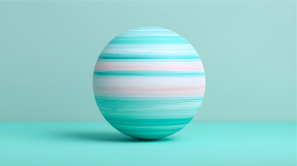 A vibrant, round object with smooth, striped patterns in shades of turquoise and pink against a soft pastel background.