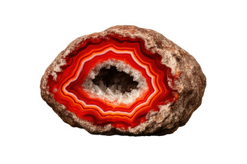 Red agate geode slice, showing vibrant banded patterns and sparkling quartz crystals, natural gemology background transparent
