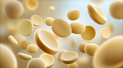 Floating egg yolks with shallow depth of field, capturing the abstract of healthy food 