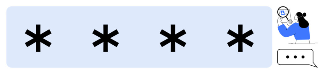 Obraz premium Password protection concept. Asterisks hidden credentials and secure access. A user with a magnifying glass highlights identification. For cybersecurity, data safety, online privacy, secure login